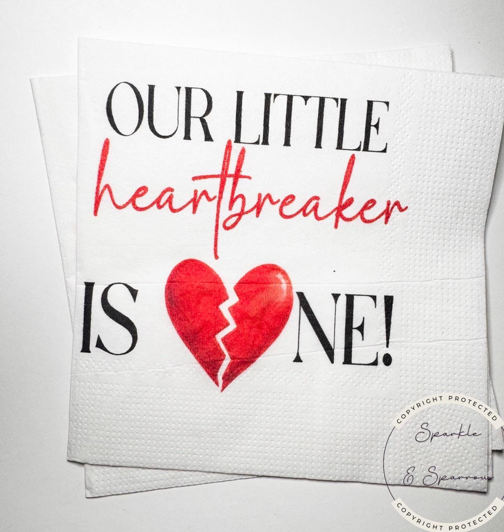 Our Little Heartbreaker is One 1st Birthday Party Heart Valentines First Birthday Cocktail, Luncheon or Dinner Napkins Set of 25