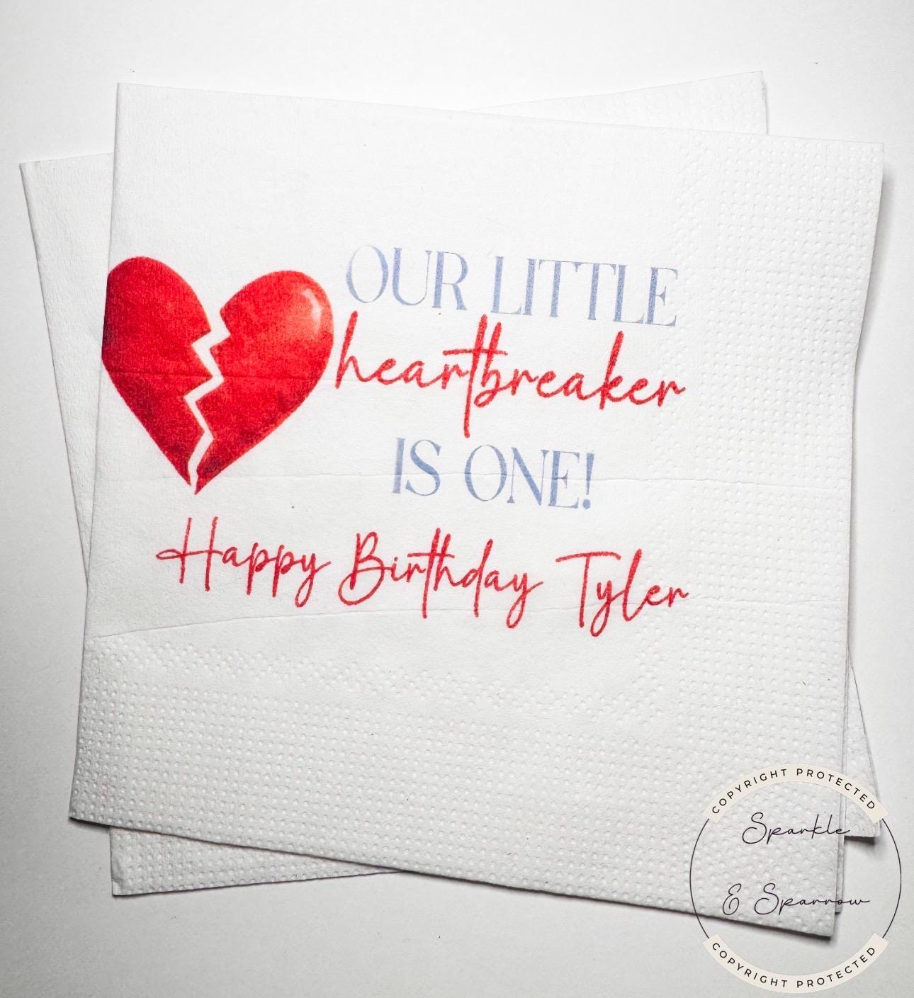 Our Little Heartbreaker is One 1st Birthday Party Valentines First Birthday Personalized Cocktail, Luncheon or Dinner Napkins Set of 25