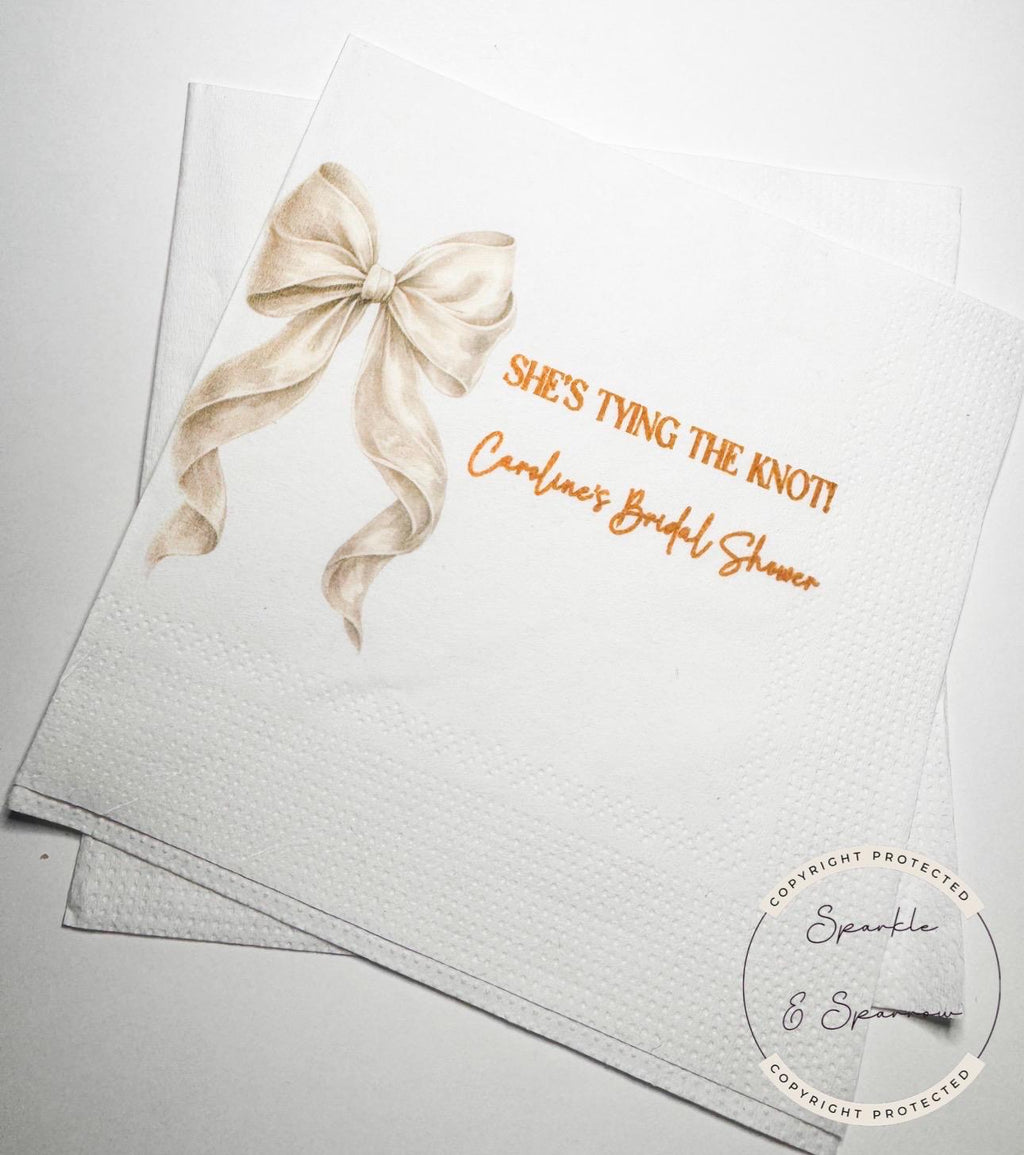 She's Tying the Knot White Bow Bridal Shower Personalized Bridal Napkins White Bow Wedding Cocktail, Luncheon or Dinner Napkins Set of 25