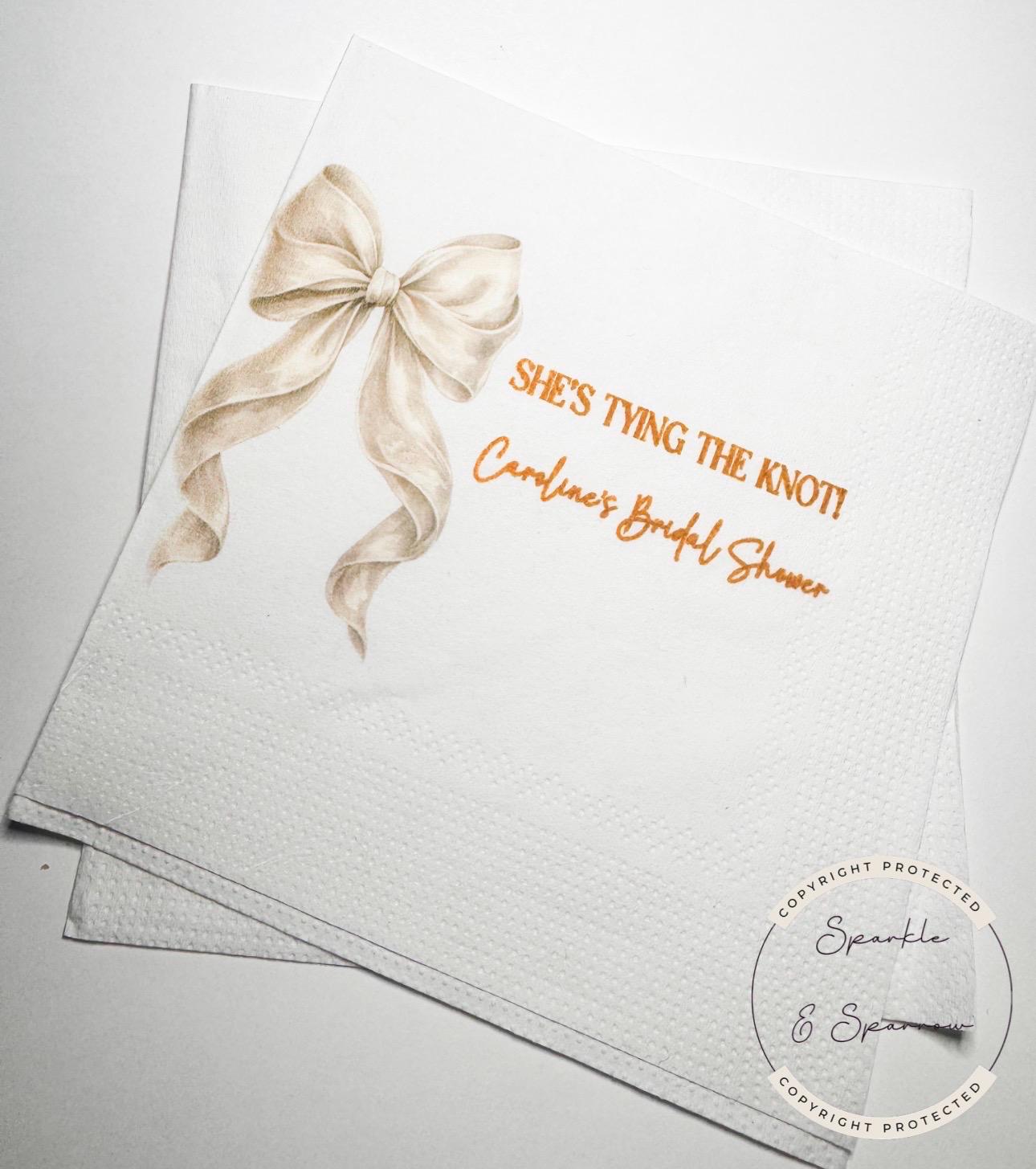 She's Tying the Knot White Bow Bridal Shower Personalized Bridal Napkins White Bow Wedding Cocktail, Luncheon or Dinner Napkins Set of 25