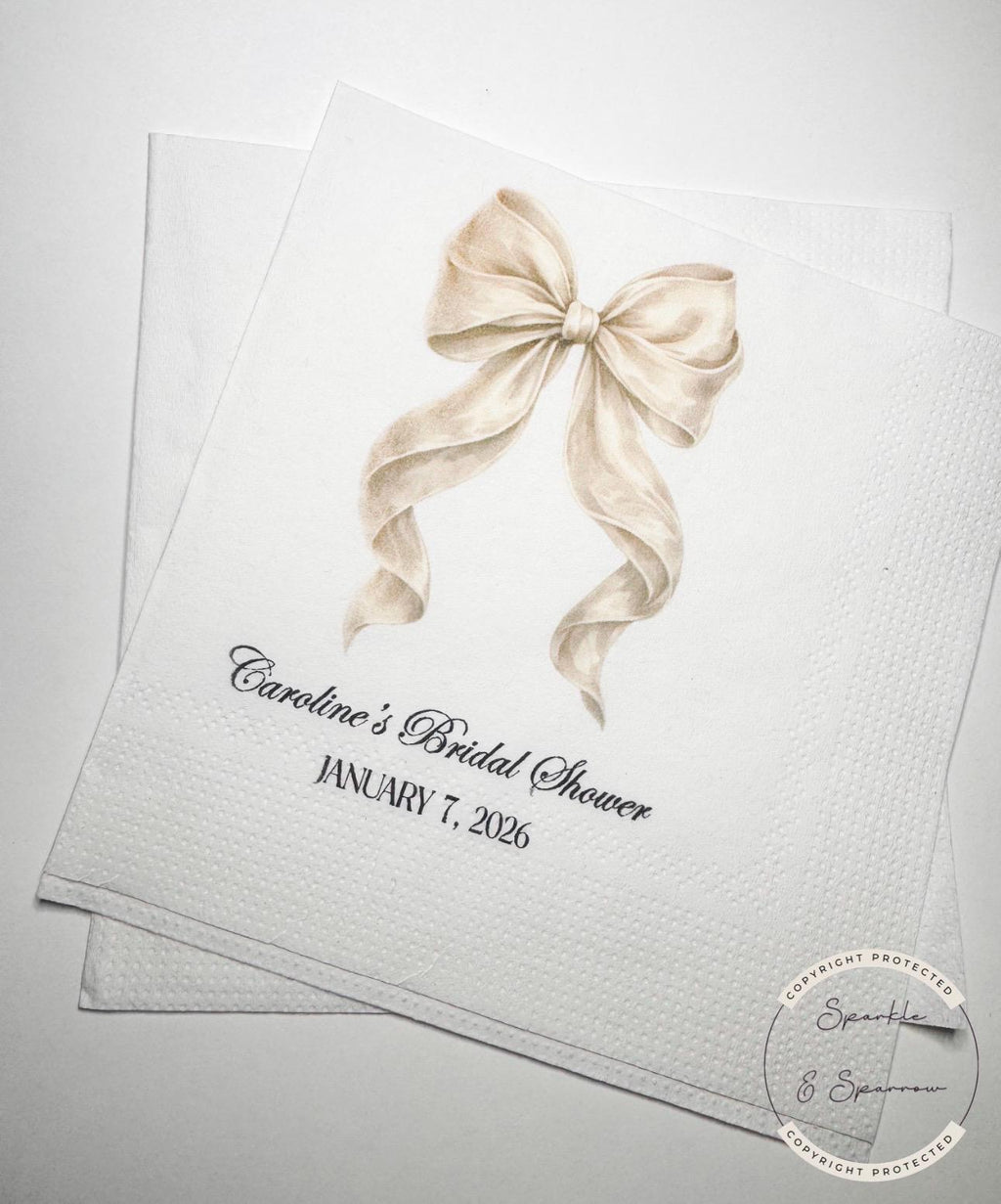 She's Tying the Knot White Bow Bridal Shower Personalized Bridal Napkins White Bow Wedding Cocktail, Luncheon or Dinner Napkins Set of 25