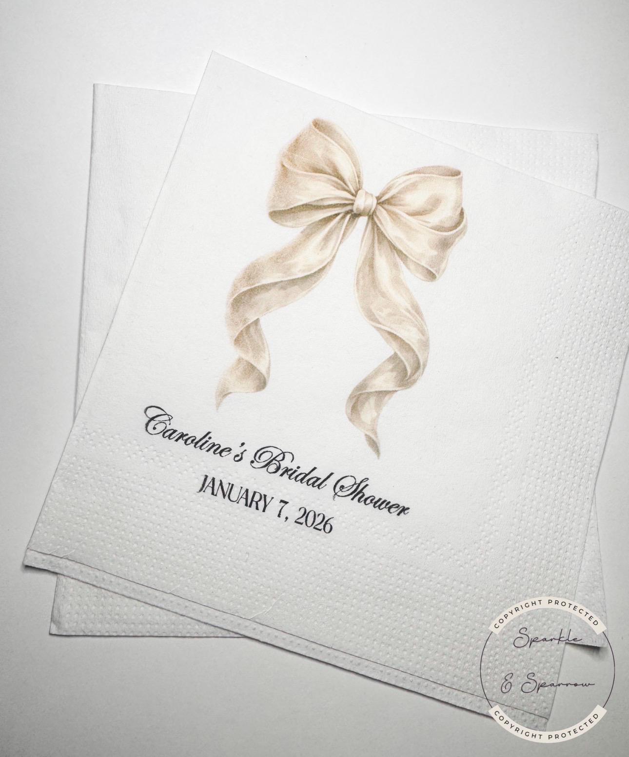She's Tying the Knot White Bow Bridal Shower Personalized Bridal Napkins White Bow Wedding Cocktail, Luncheon or Dinner Napkins Set of 25