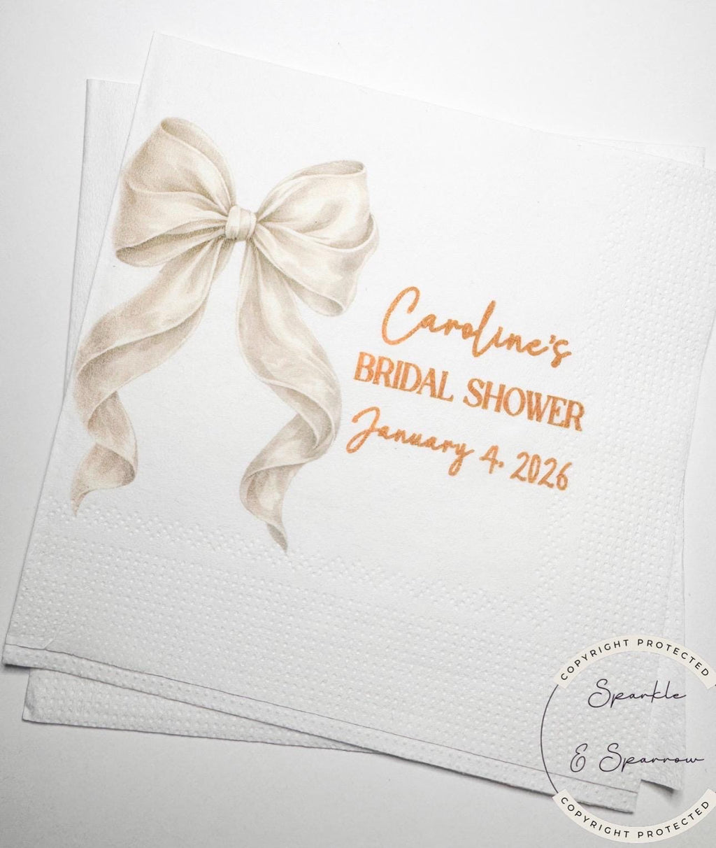 She's Tying the Knot White Bow Bridal Shower Personalized Bridal Napkins White Bow Wedding Cocktail, Luncheon or Dinner Napkins Set of 25