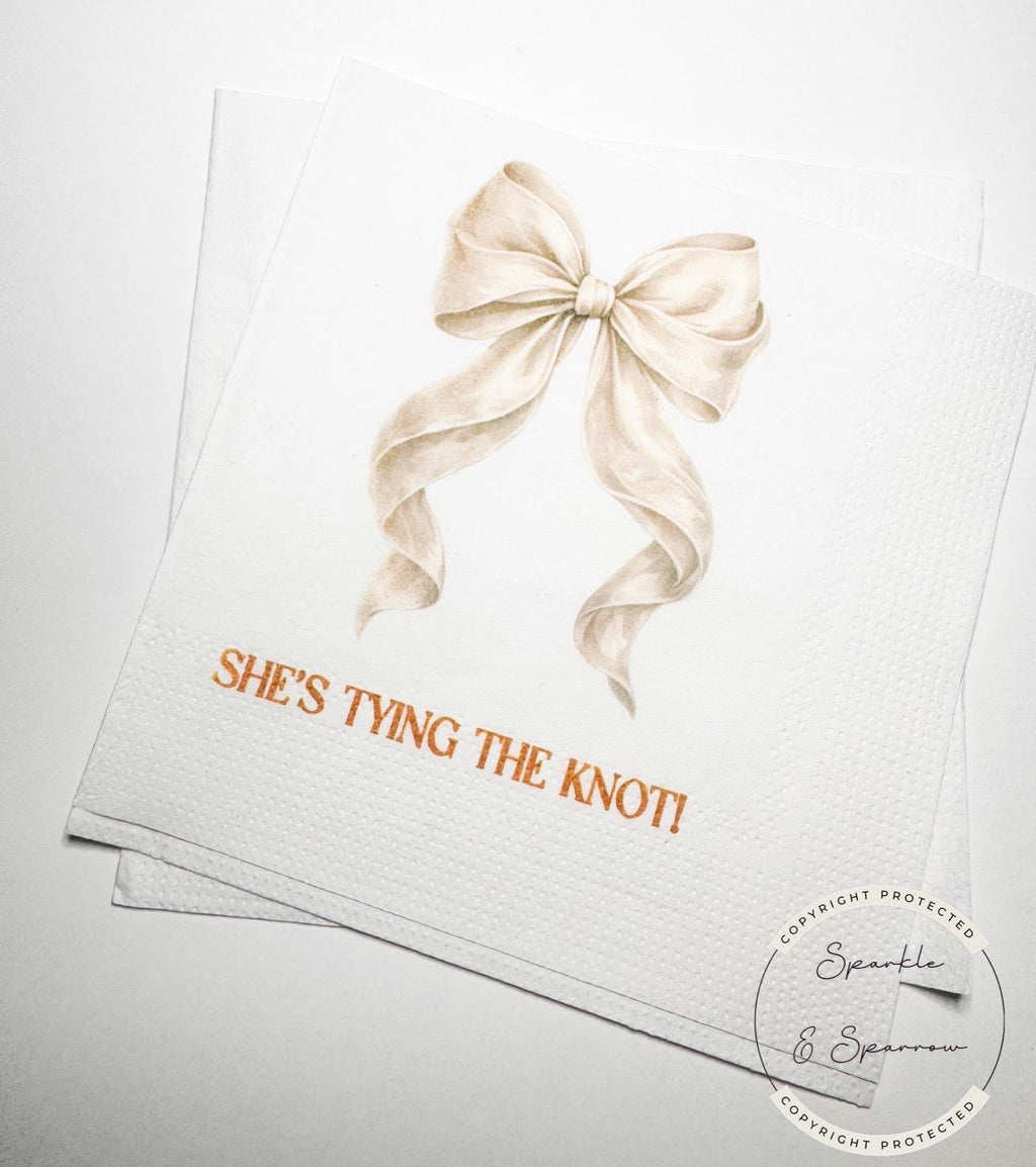 She's Tying the Knot White Bow Bridal Shower White Bow Bridal Napkins White Bow Wedding Cocktail, Luncheon or Dinner Napkins Set of 25