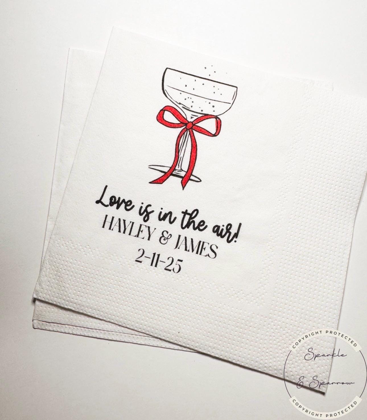 Love is in the Air Valentine Engagement Party Champagne Red Bow Bridal Shower Personalized Cocktail, Luncheon or Dinner Napkins Set of 25