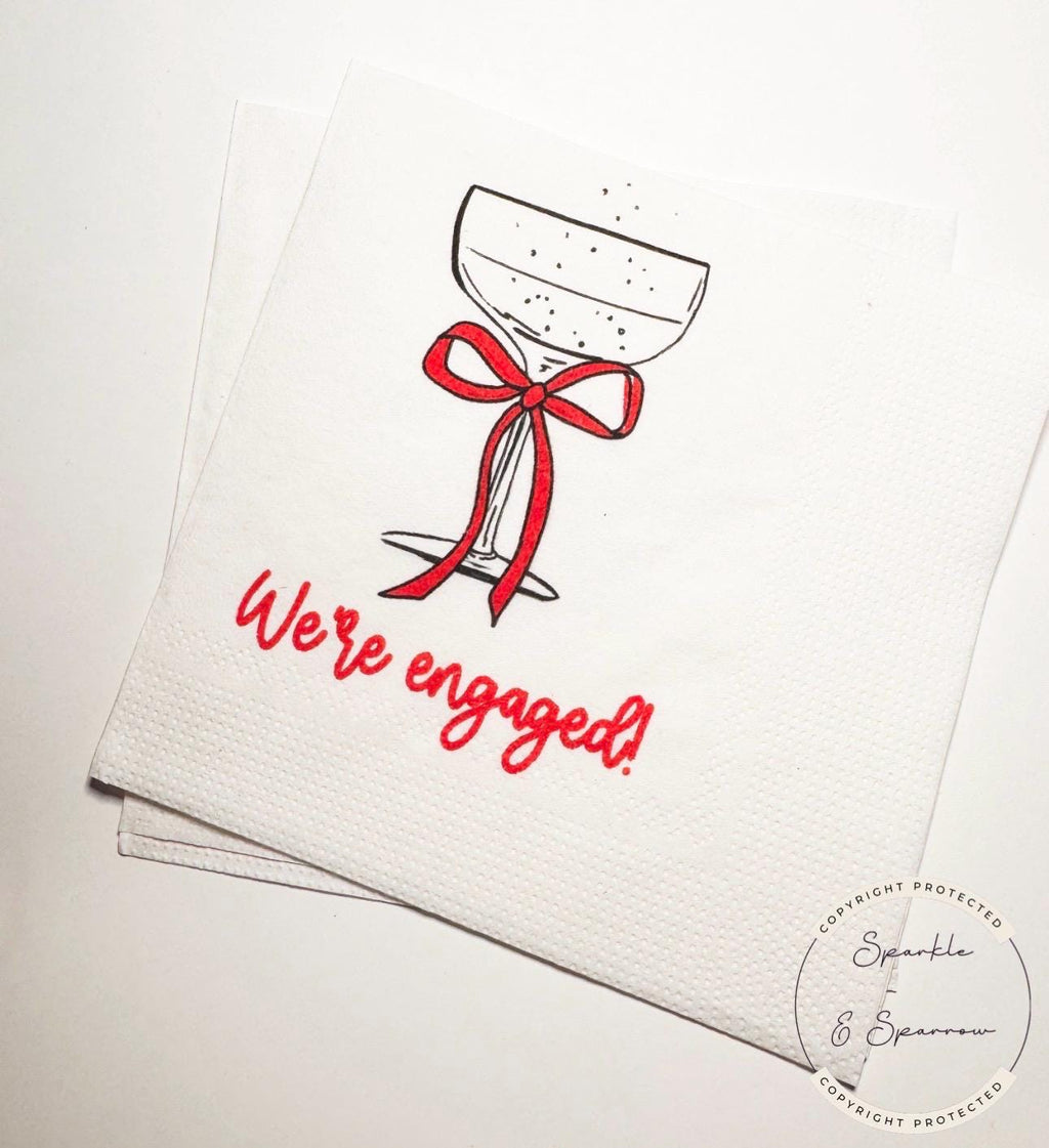 We're Engaged Valentine Engagement Party Napkins Champagne Red Bow Love is in the Air Cocktail, Luncheon or Dinner Napkins Set of 25