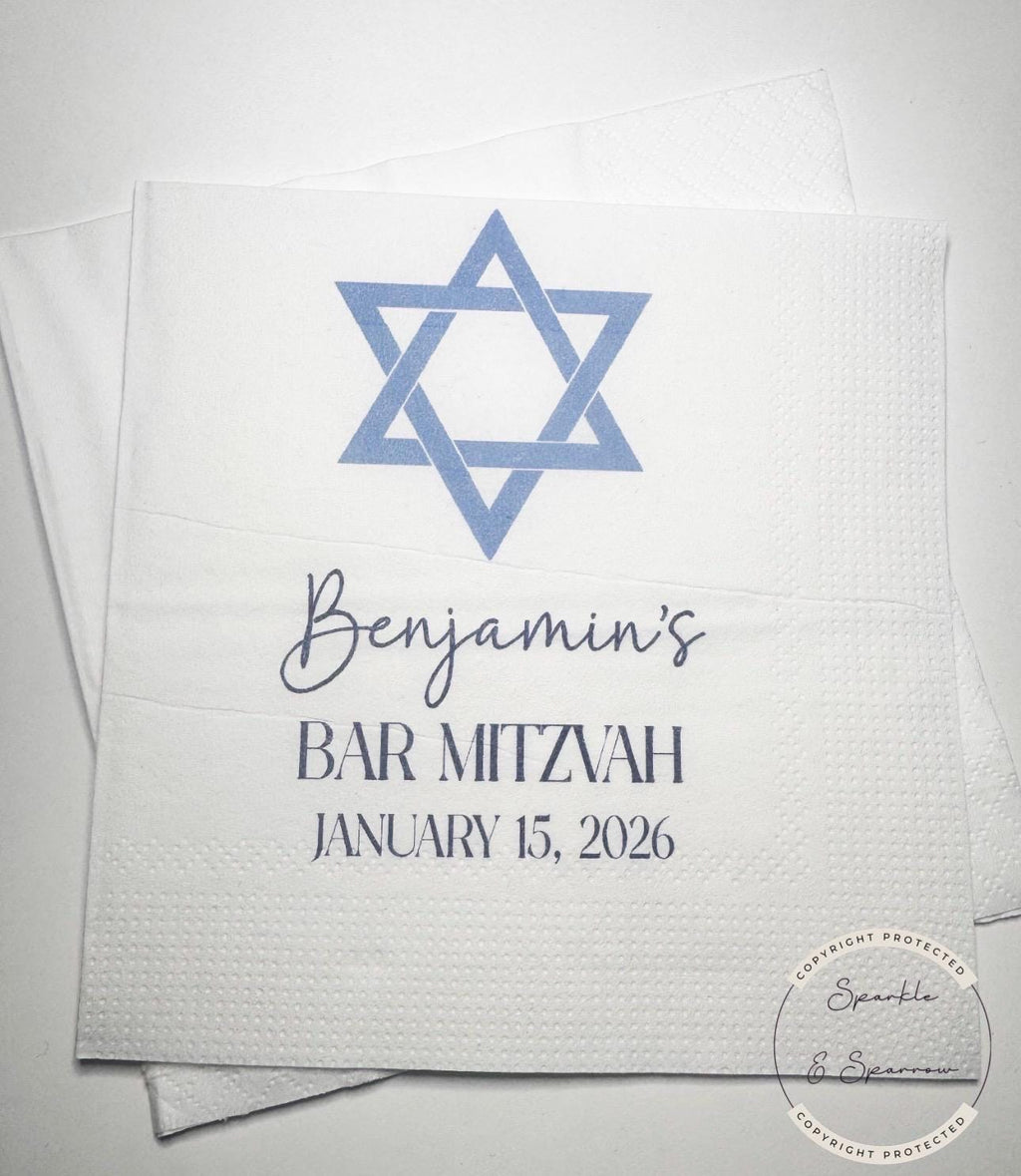 Bar Mitzvah Napkins Personalized Bar Mitzvah Blue Bar Mitzvah Party Decor Personalized Cocktail, Luncheon or Dinner Napkins Set of 25