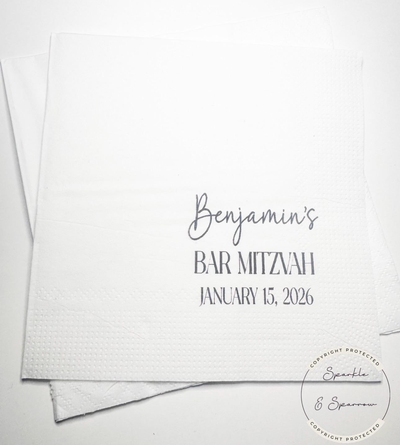 Bar Mitzvah Napkins Personalized Bar Mitzvah Black Bar Mitzvah Party Decor Personalized Cocktail, Luncheon or Dinner Napkins Set of 25