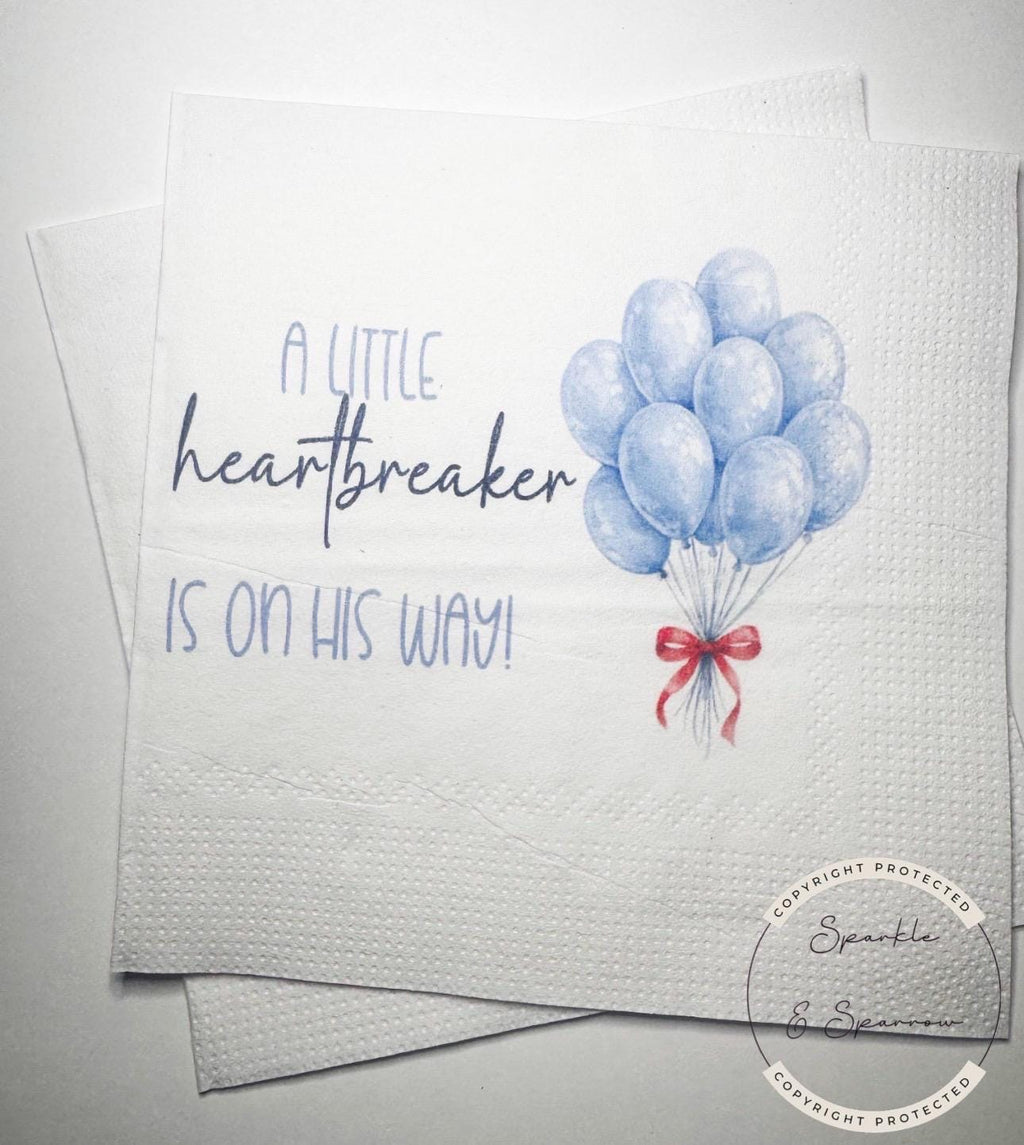 A Little Heartbreaker is on His Way Baby Shower Valentine Baby Shower Heartbreaker Shower Cocktail, Luncheon or Dinner Napkins Set of 25