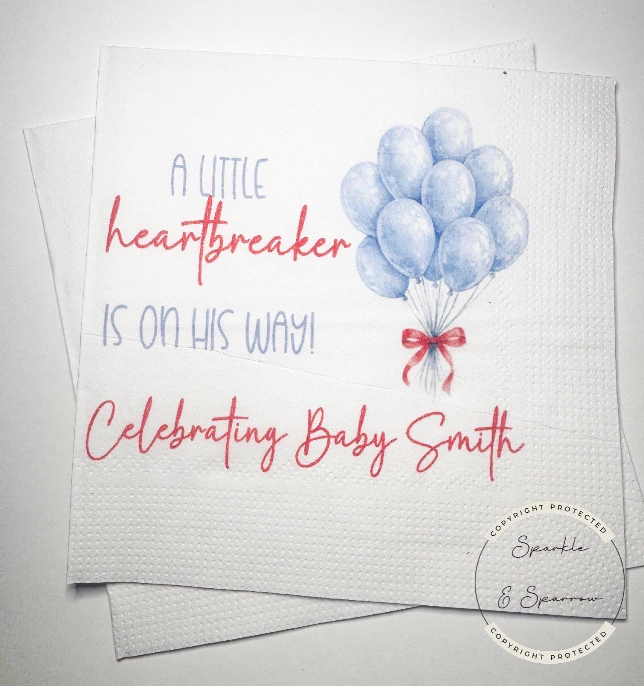 A Little Heartbreaker is on His Way Baby Shower Valentine Baby Shower Heart Personalized Cocktail, Luncheon or Dinner Napkins Set of 25