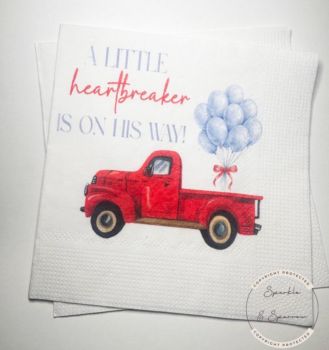 A Little Heartbreaker is on His Way Baby Shower Valentine Red Truck Balloons Baby Shower Cocktail, Luncheon or Dinner Napkins Set of 25