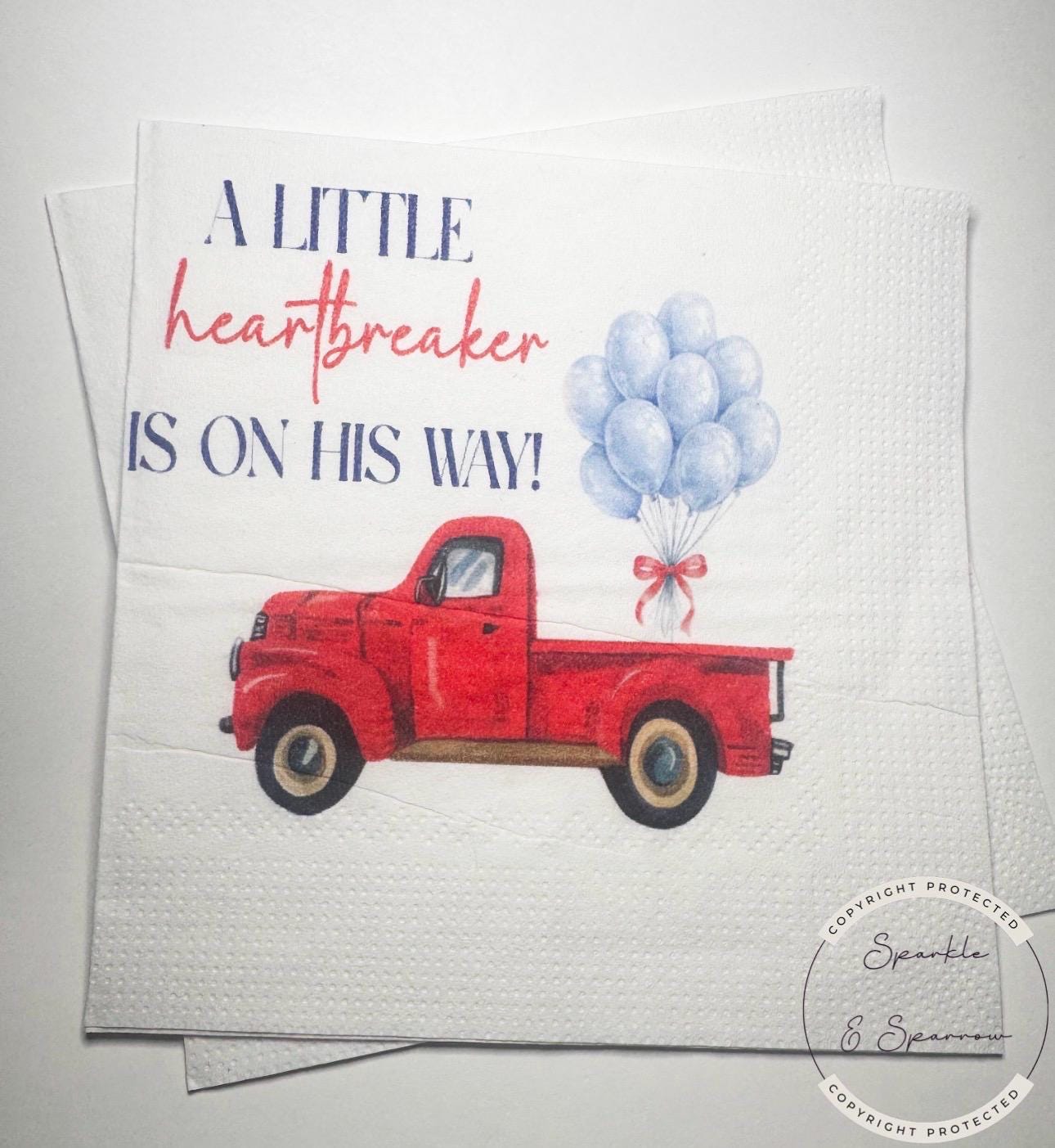 A Little Heartbreaker is on His Way Baby Shower Valentine Red Truck Balloons Baby Shower Cocktail, Luncheon or Dinner Napkins Set of 25