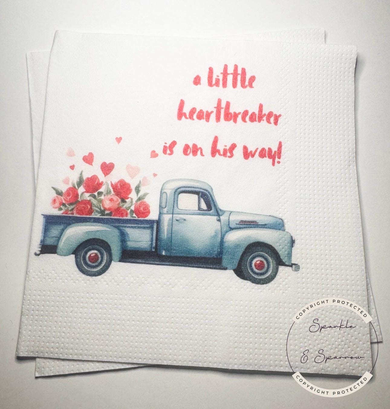 A Little Heartbreaker is on His Way Baby Shower Valentine Blue Truck Balloons Baby Shower Cocktail, Luncheon or Dinner Napkins Set of 25