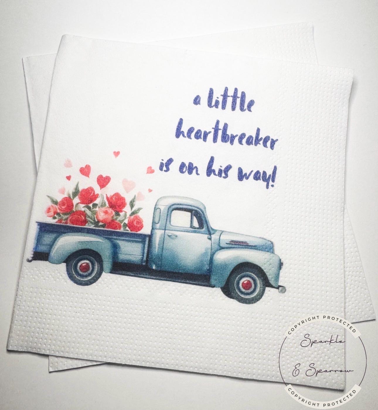 A Little Heartbreaker is on His Way Baby Shower Valentine Blue Truck Balloons Baby Shower Cocktail, Luncheon or Dinner Napkins Set of 25