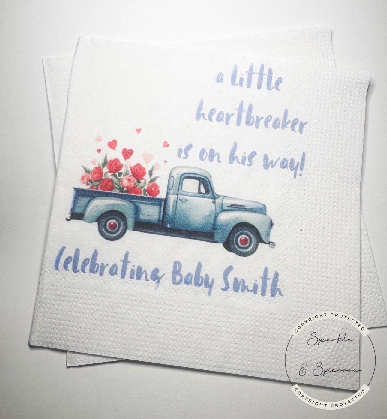 A Little Heartbreaker is on His Way Baby Shower Valentine Blue Truck Baby Shower Personalized Cocktail, Luncheon or Dinner Napkins Set of 25