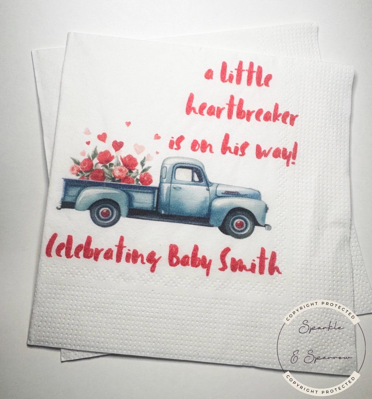 A Little Heartbreaker is on His Way Baby Shower Valentine Blue Truck Baby Shower Personalized Cocktail, Luncheon or Dinner Napkins Set of 25
