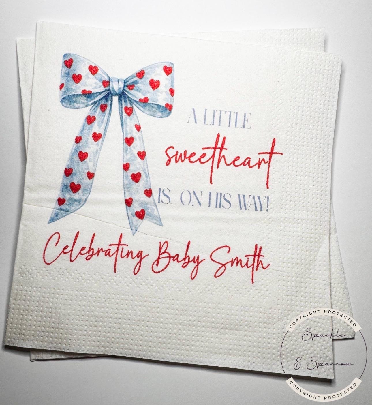 A Little Sweetheart is on His Way Baby Shower Heart Valentines Boy Baby Shower Personalized  Cocktail, Luncheon or Dinner Napkins Set of 25