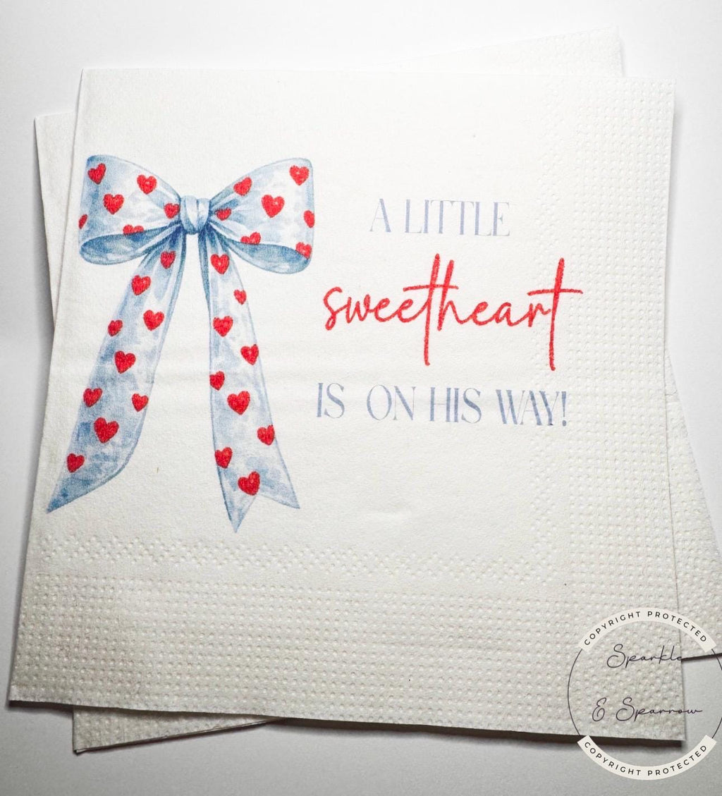 A Little Sweetheart is on His Way Baby Shower Heart Valentines Boy Blue Bow Baby Shower Cocktail, Luncheon or Dinner Napkins Set of 25