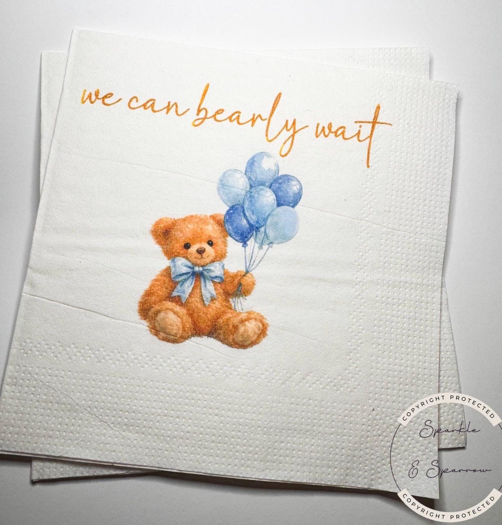 Teddy Bear Baby Shower We can Bearly Wait Shower Boy Blue Bow Bear Balloons Baby Shower Cocktail, Luncheon or Dinner Napkins Set of 25