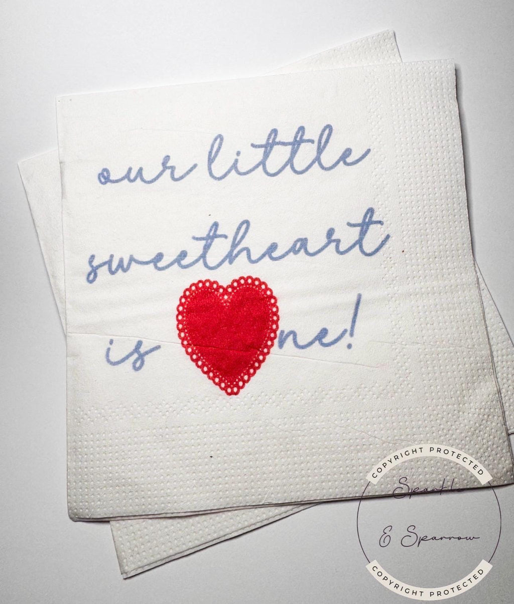 Our Little Sweetheart is One First Birthday Valentines 1st Birthday Boy Blue Red Heart Party Cocktail, Luncheon or Dinner Napkins, Set of 25