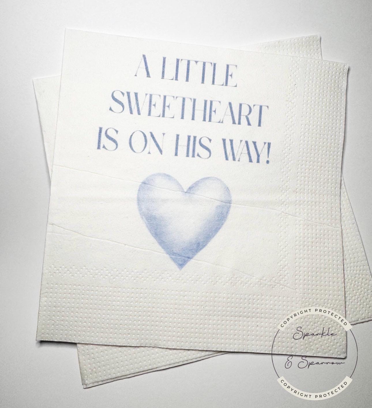 A Little Sweetheart is on His Way Baby Shower Blue Heart Valentines Boy Baby Shower Cocktail, Luncheon or Dinner Napkins Set of 25