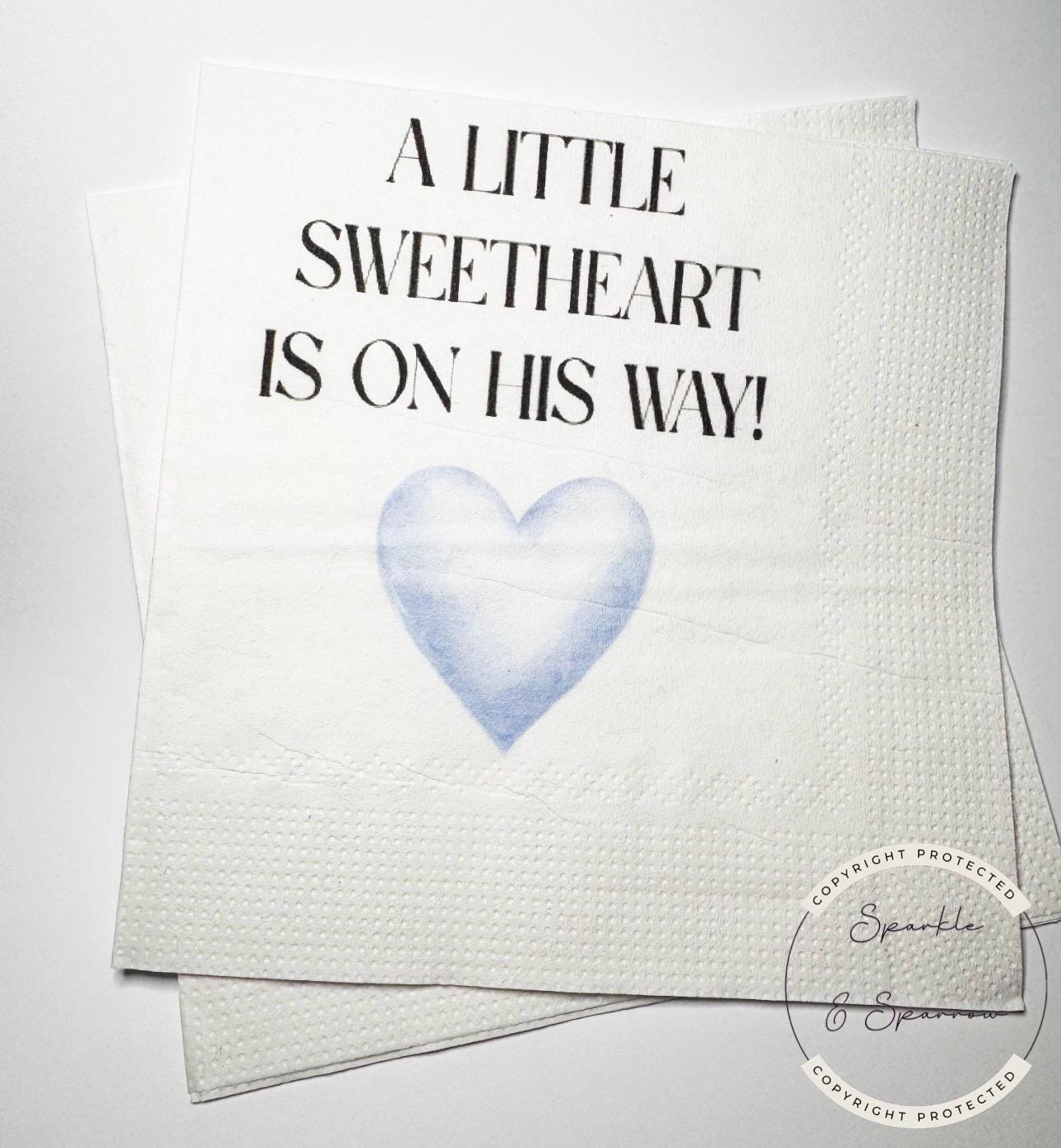 A Little Sweetheart is on His Way Baby Shower Blue Heart Valentines Boy Baby Shower Cocktail, Luncheon or Dinner Napkins Set of 25