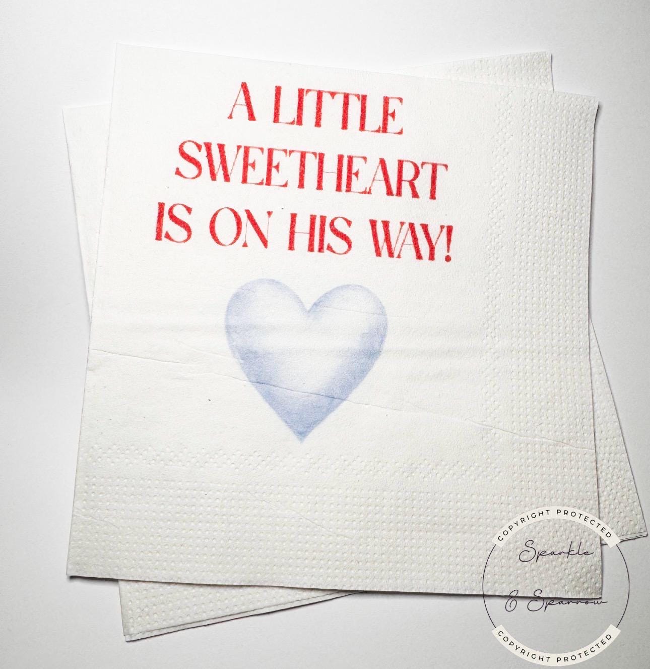 A Little Sweetheart is on His Way Baby Shower Blue Heart Valentines Boy Baby Shower Cocktail, Luncheon or Dinner Napkins Set of 25