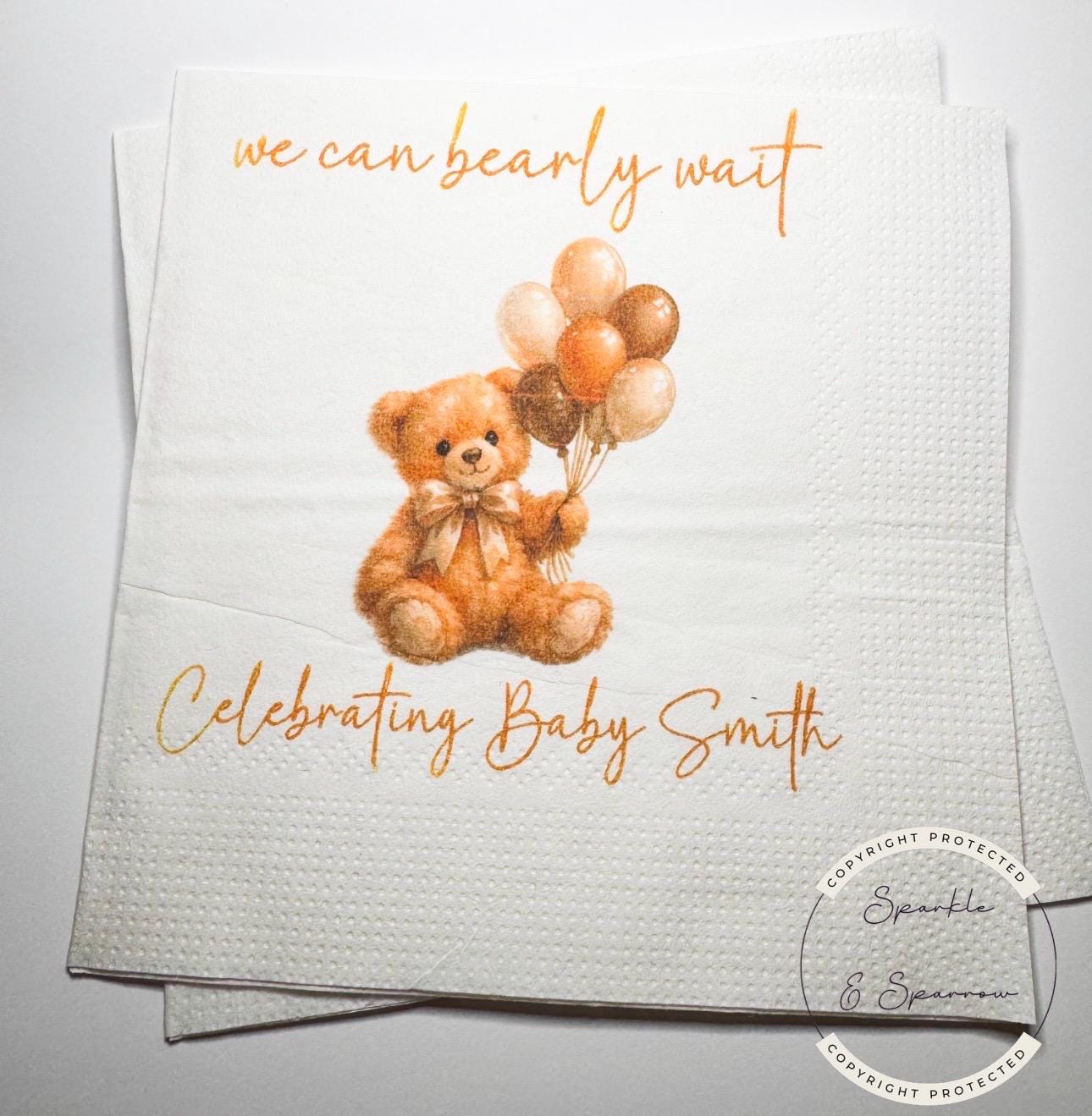 Teddy Bear Baby Shower We can Bearly Wait Brown Bow Shower Balloons Baby Shower Personalized Cocktail, Luncheon or Dinner Napkins Set of 25