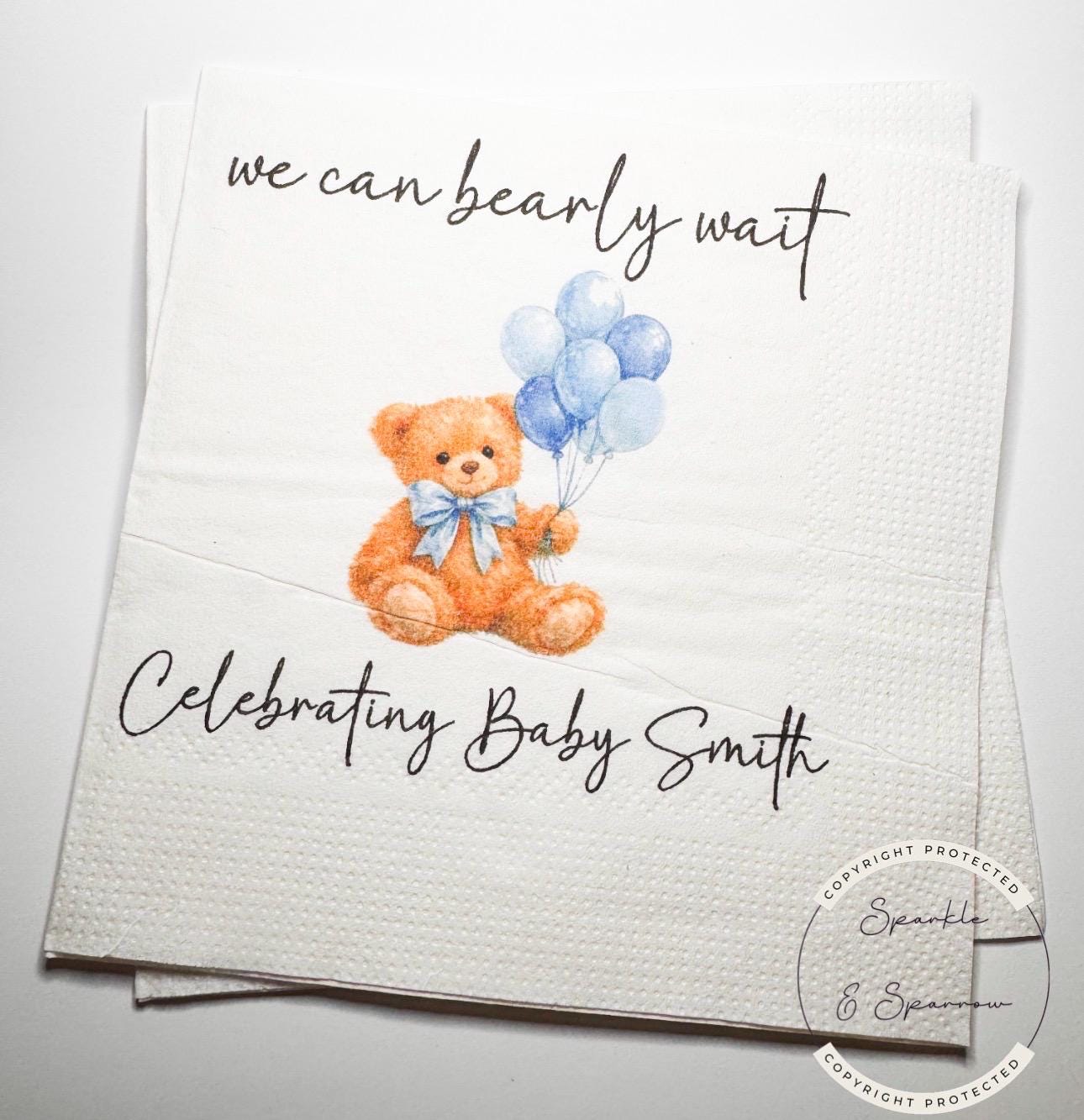 Teddy Bear Baby Shower We can Bearly Wait Brown Bow Shower Balloons Baby Shower Personalized Cocktail, Luncheon or Dinner Napkins Set of 25