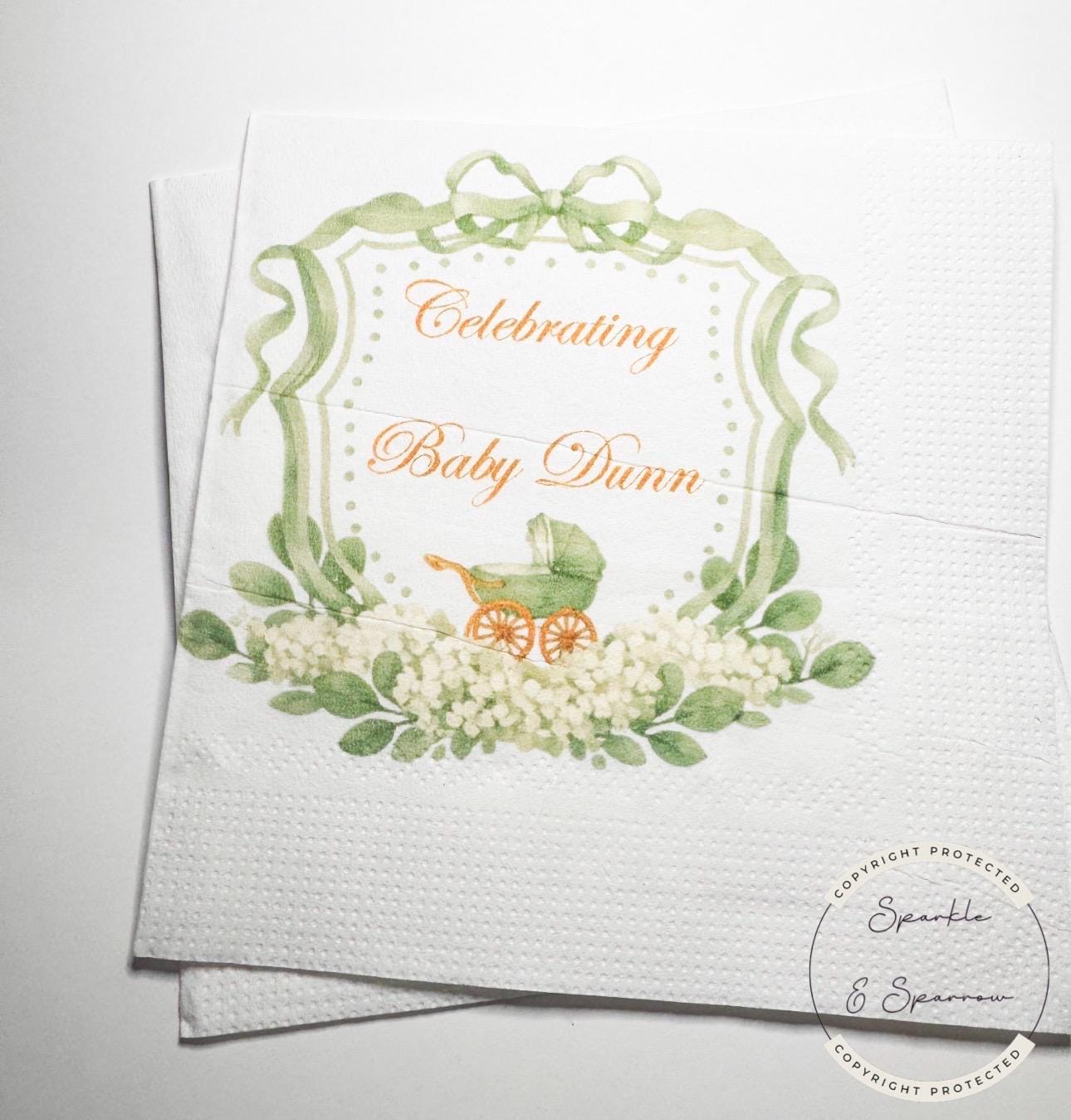 Baby Carriage Watercolor Crest Monogram Green Bow Baby Shower Personalized Cocktail, Luncheon or Dinner Napkins Set of 25