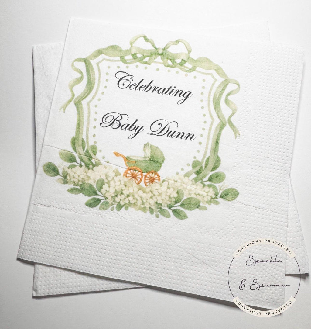 Baby Carriage Watercolor Crest Monogram Green Bow Baby Shower Personalized Cocktail, Luncheon or Dinner Napkins Set of 25