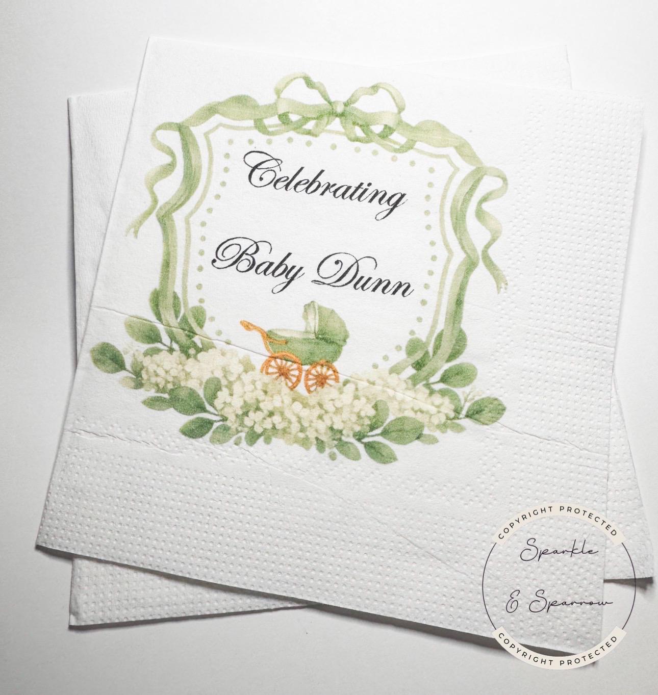 Baby Carriage Watercolor Crest Monogram Green Bow Baby Shower Personalized Cocktail, Luncheon or Dinner Napkins Set of 25