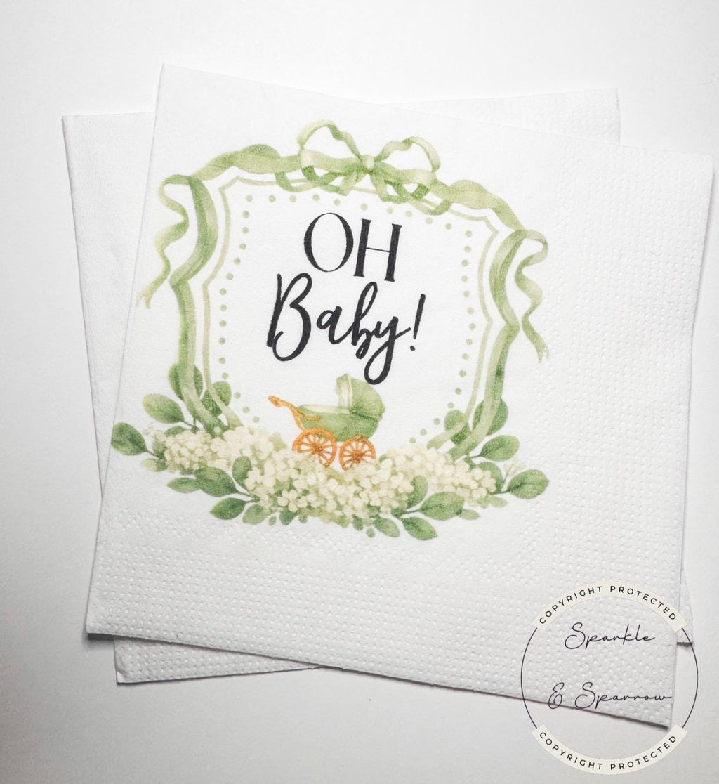 Baby Carriage Watercolor Crest Gender Neutral Shower Green Bow Baby Shower Personalized Cocktail, Luncheon or Dinner Napkins Set of 25