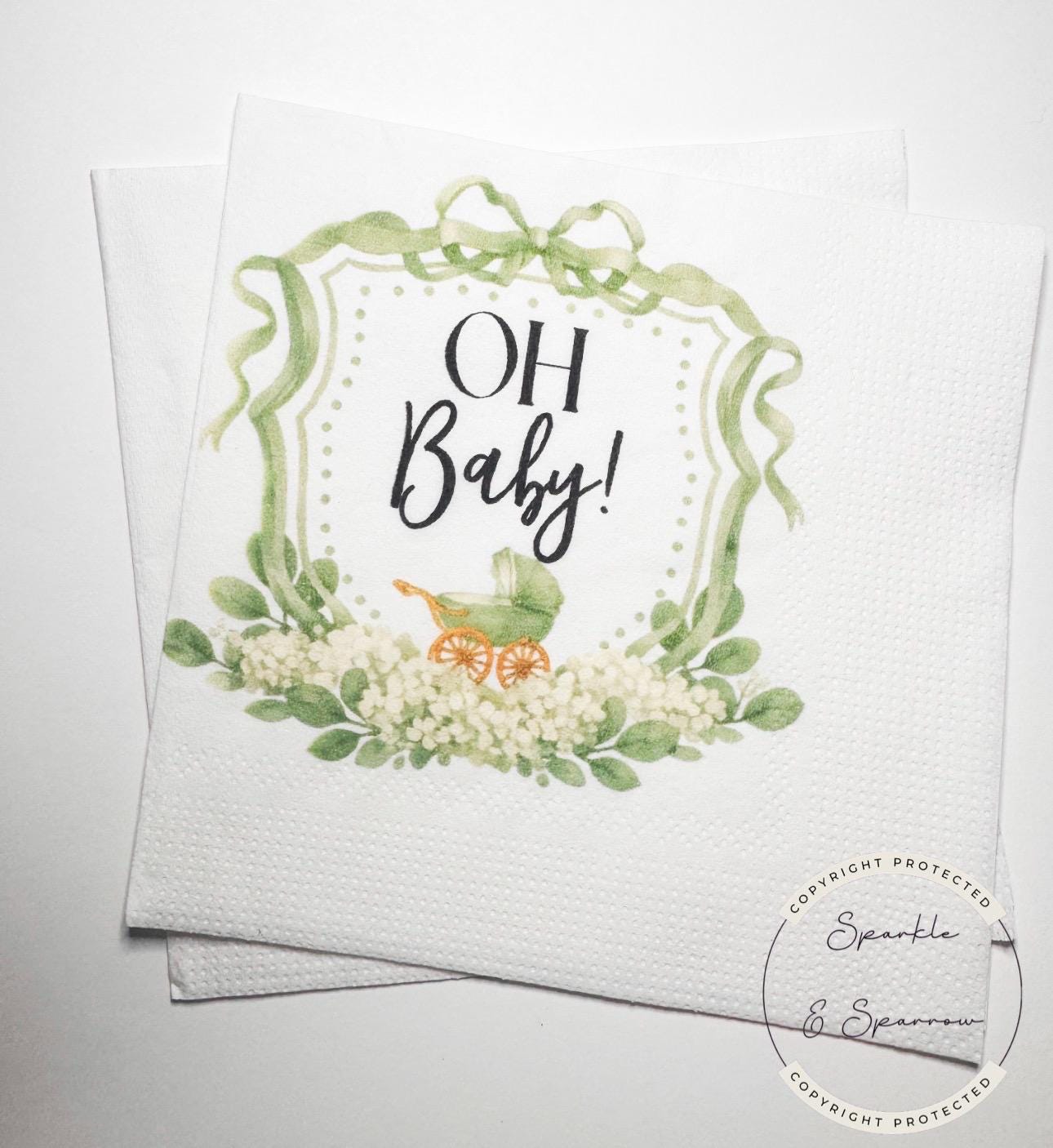 Baby Carriage Watercolor Crest Gender Neutral Shower Green Bow Baby Shower Personalized Cocktail, Luncheon or Dinner Napkins Set of 25