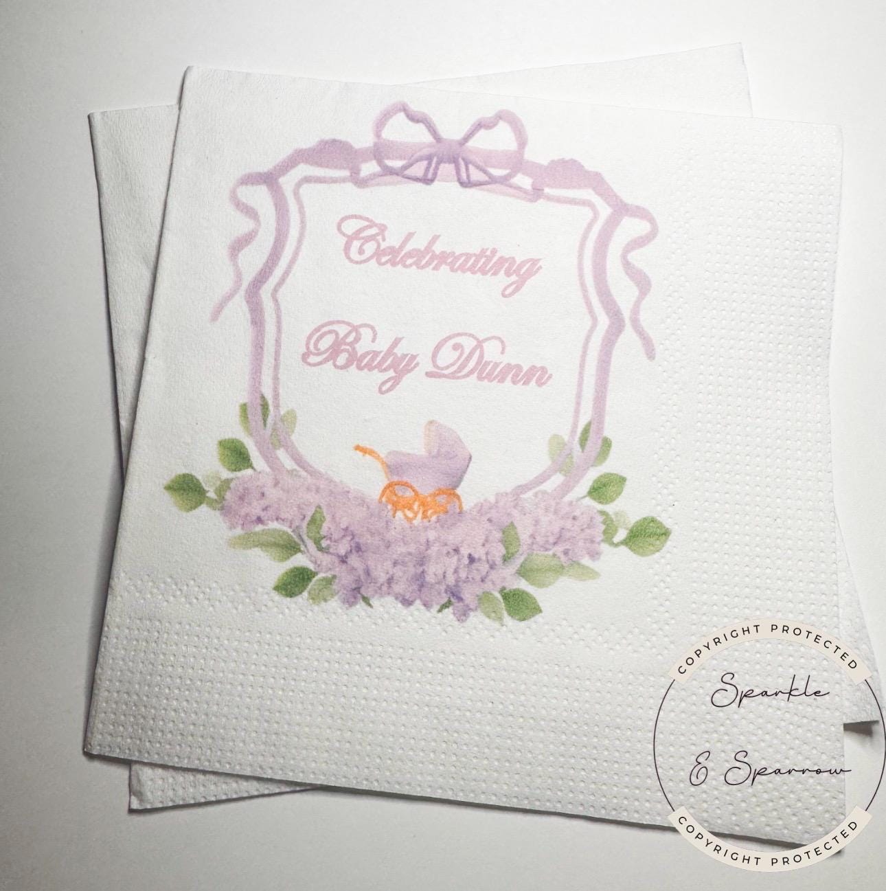 Baby Carriage Watercolor Crest Monogram Purple Bow Baby Shower Lavender Baby Personalized Cocktail, Luncheon or Dinner Napkins Set of 25