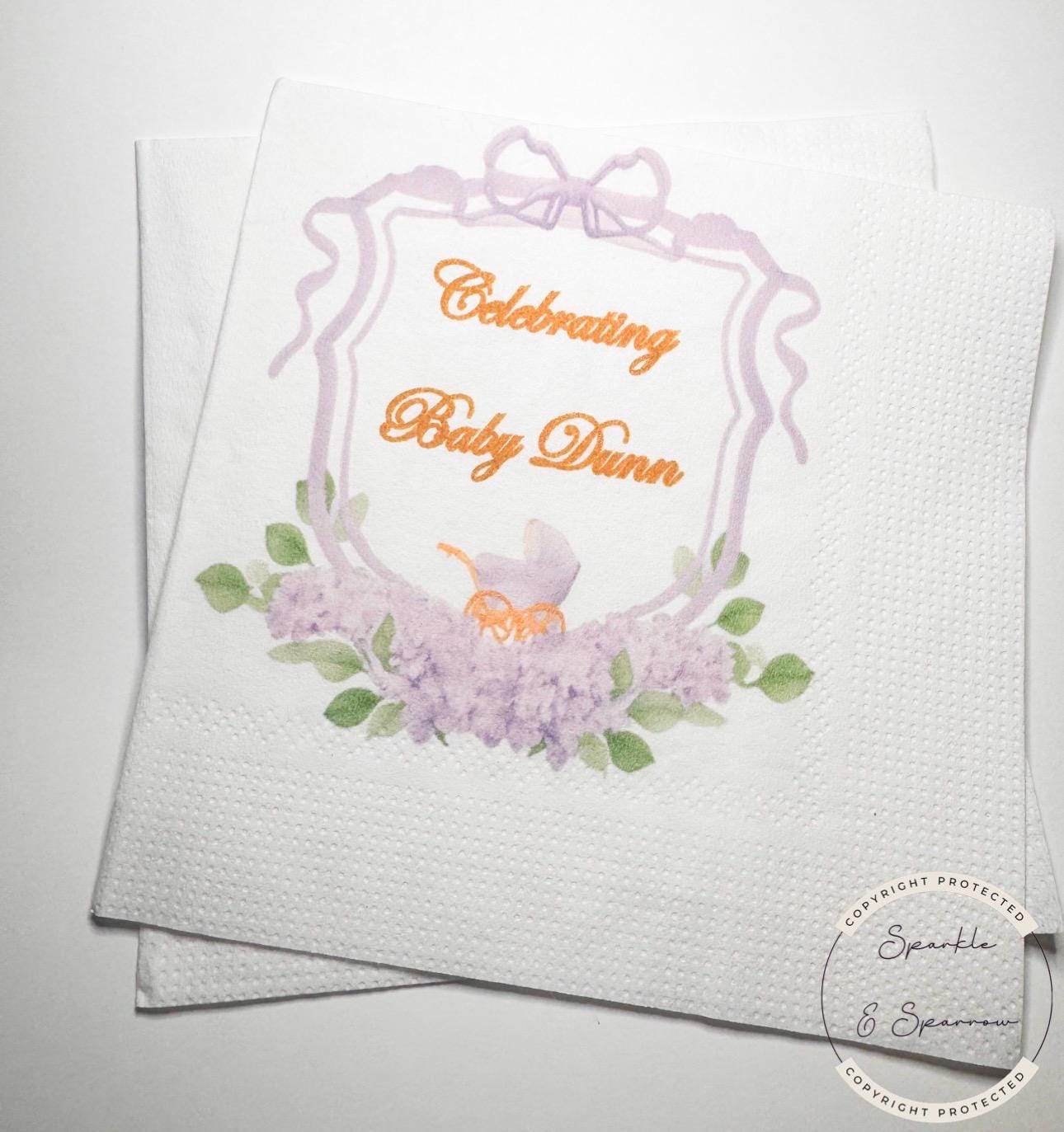 Baby Carriage Watercolor Crest Monogram Purple Bow Baby Shower Lavender Baby Personalized Cocktail, Luncheon or Dinner Napkins Set of 25