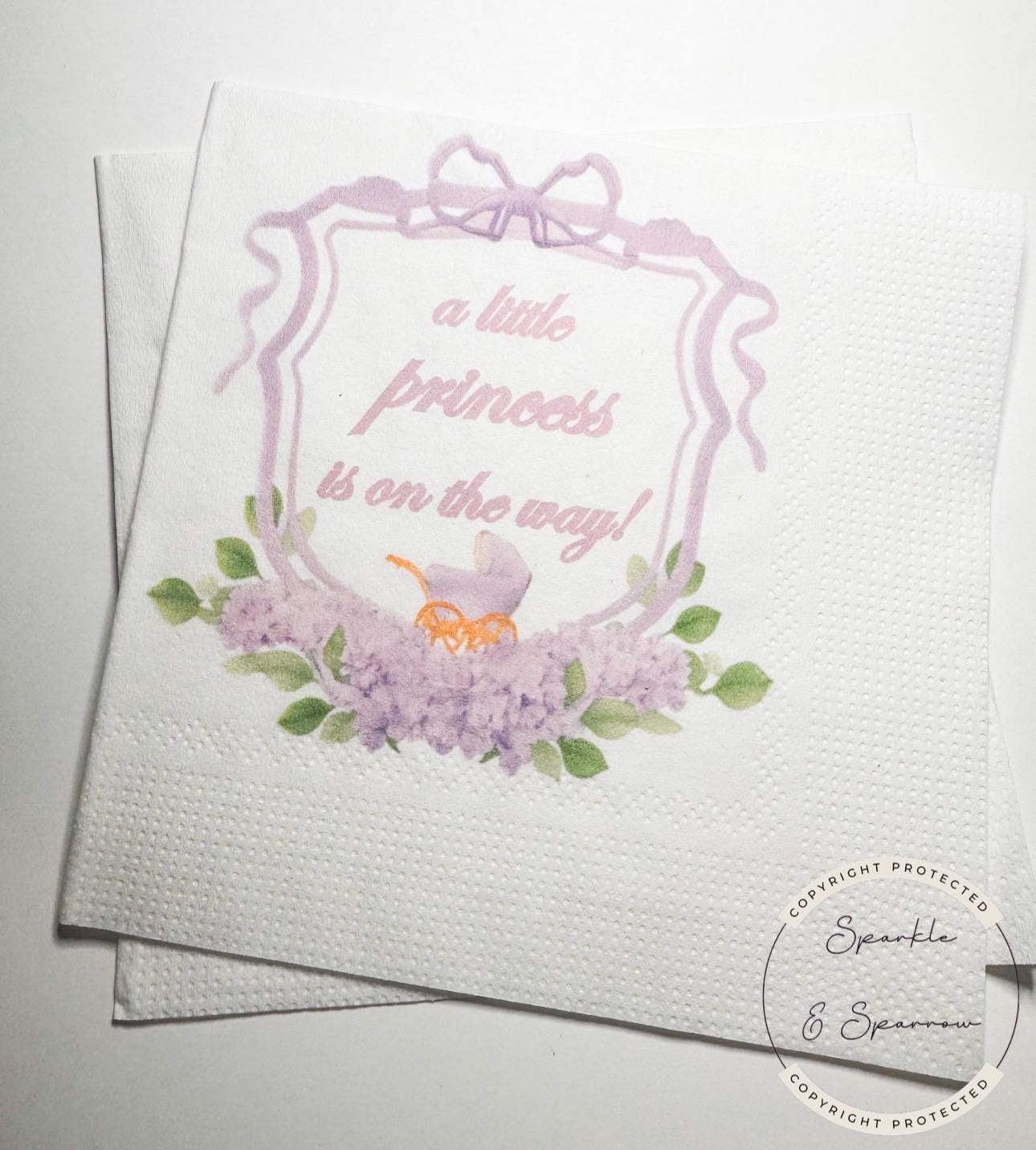 A Little Princess is on the Way It's a Girl Purple Bow Baby Shower Lavender Baby Cocktail, Luncheon or Dinner Napkins Set of 25