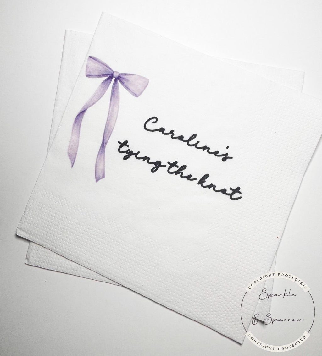 She's Tying the Knot Purple Bow Bridal Shower Personalized Bridal Napkins Purple Bow Wedding Cocktail, Luncheon or Dinner Napkins Set of 25