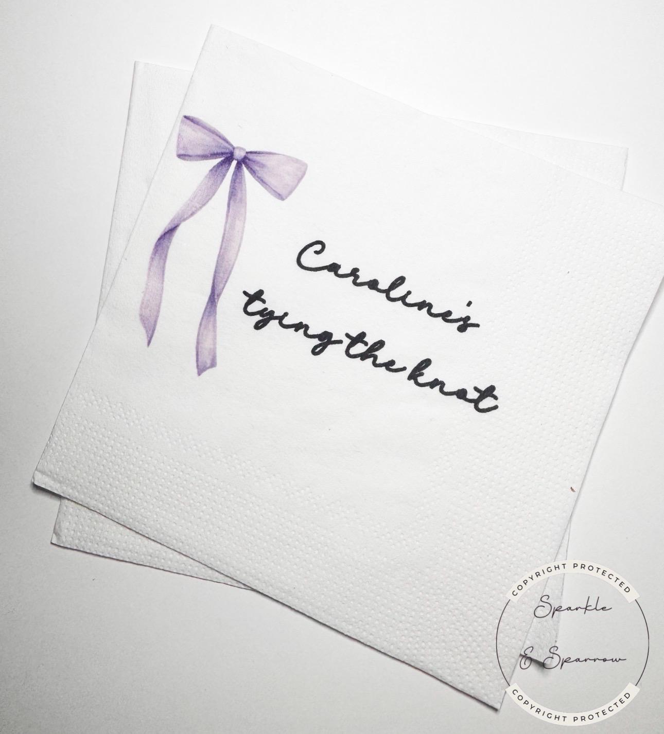 She's Tying the Knot Purple Bow Bridal Shower Personalized Bridal Napkins Purple Bow Wedding Cocktail, Luncheon or Dinner Napkins Set of 25