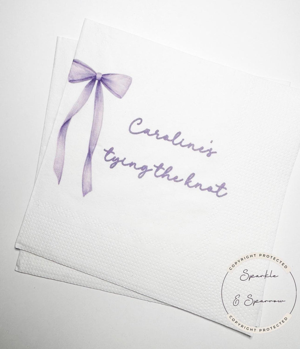 She's Tying the Knot Purple Bow Bridal Shower Personalized Bridal Napkins Purple Bow Wedding Cocktail, Luncheon or Dinner Napkins Set of 25