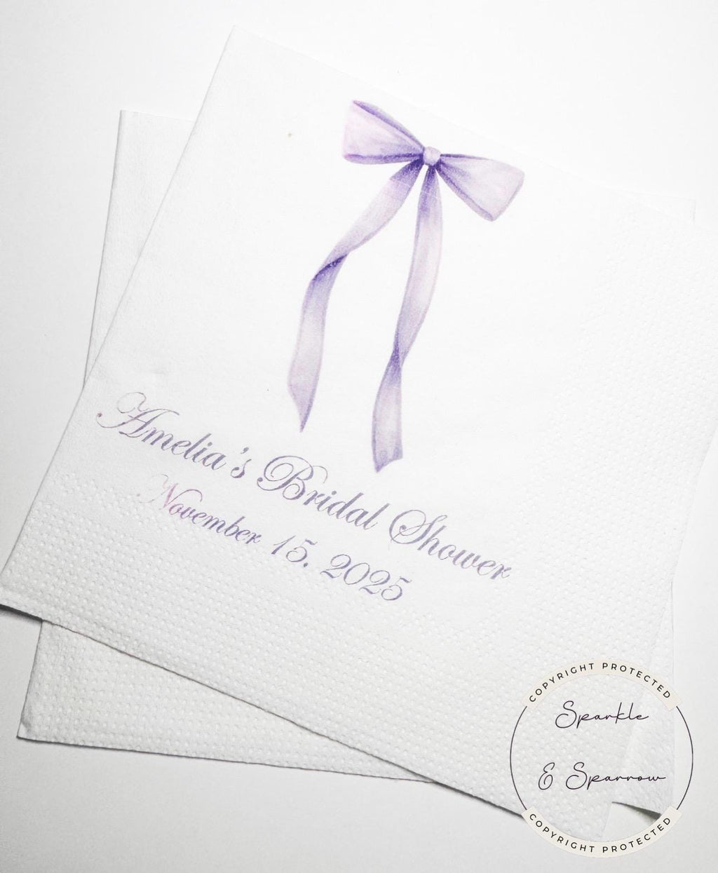She's Tying the Knot Purple Bow Bridal Shower Personalized Bridal Napkins Purple Bow Wedding Cocktail, Luncheon or Dinner Napkins Set of 25