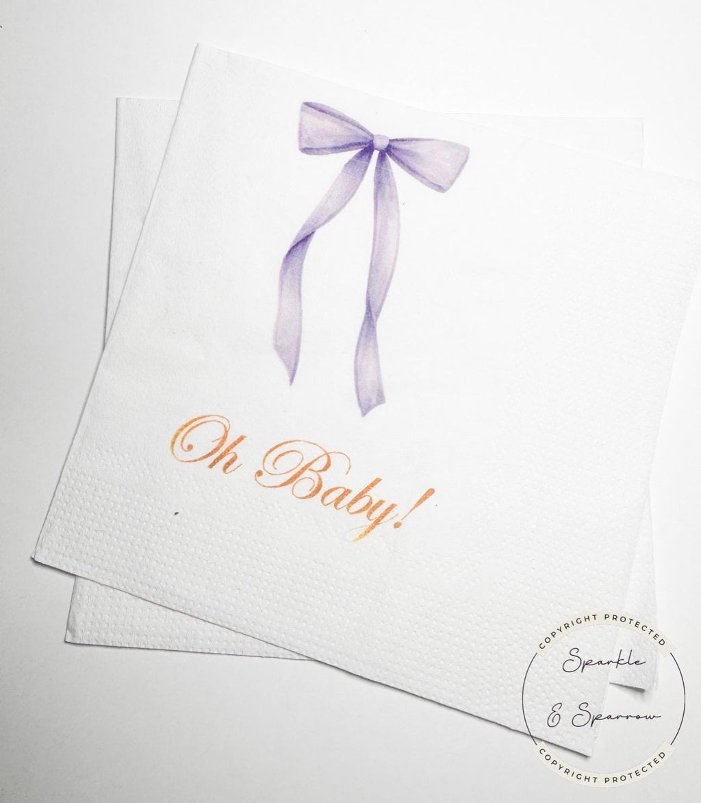 Purple Bow Baby Shower Oh Baby Lavender Bow Baby Shower Napkins Purple Bow Baby Napkins Cocktail, Luncheon or Dinner Napkins Set of 25
