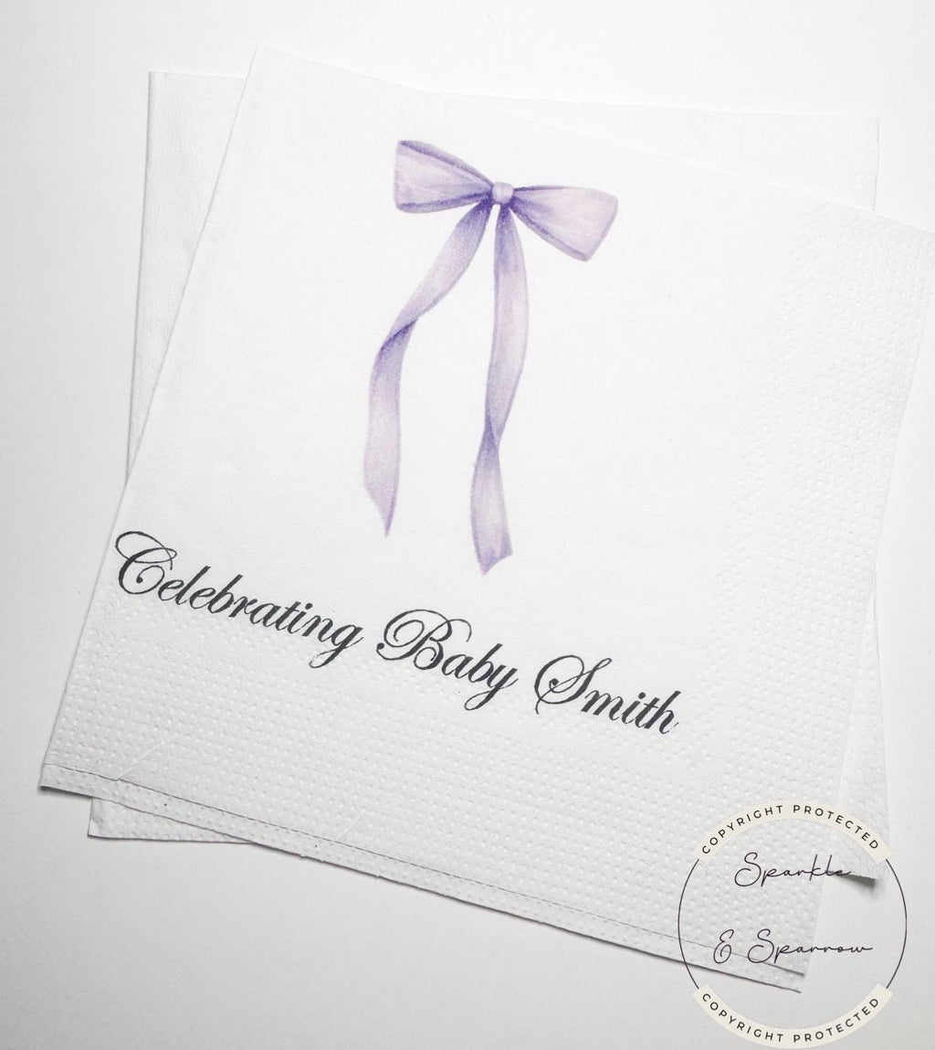 Purple Bow Baby Shower Oh Baby Lavender Bow Baby Shower Purple Bow Personalized Napkins Cocktail, Luncheon or Dinner Napkins Set of 25