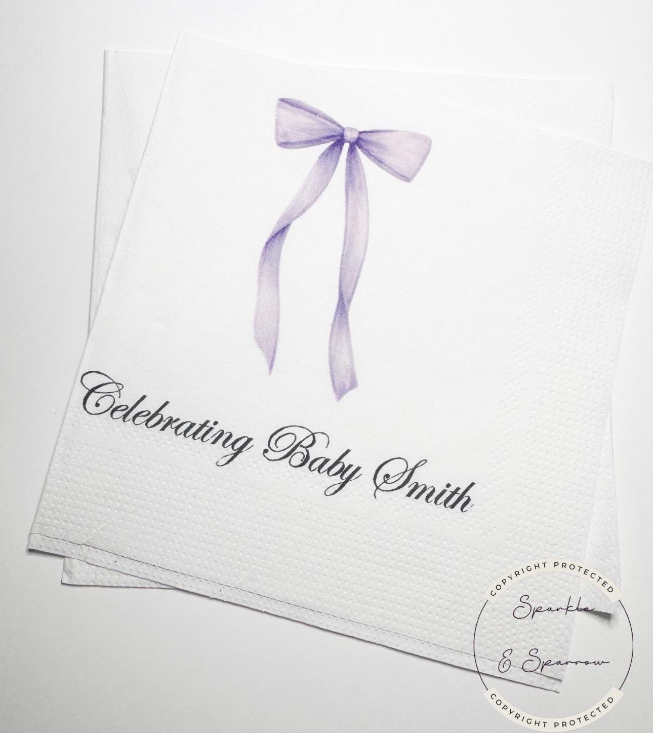 Purple Bow Baby Shower Oh Baby Lavender Bow Baby Shower Purple Bow Personalized Napkins Cocktail, Luncheon or Dinner Napkins Set of 25