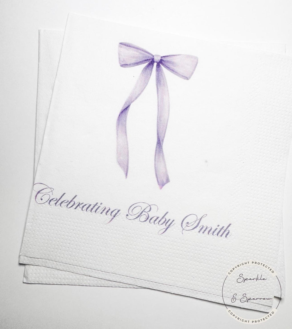 Purple Bow Baby Shower Oh Baby Lavender Bow Baby Shower Purple Bow Personalized Napkins Cocktail, Luncheon or Dinner Napkins Set of 25