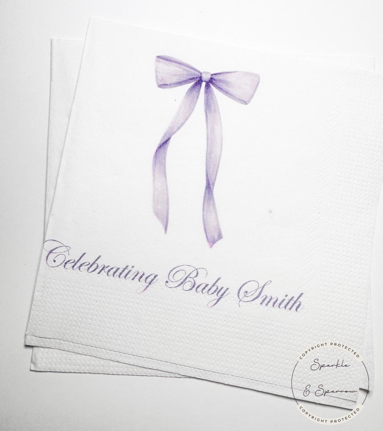 Purple Bow Baby Shower Oh Baby Lavender Bow Baby Shower Purple Bow Personalized Napkins Cocktail, Luncheon or Dinner Napkins Set of 25