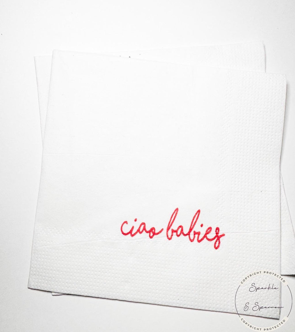 Ciao Babies  Red Bow Italian Twins Baby Shower Ciao Bambino Pink Red Baby Shower Summer Lemon Cocktail, Luncheon or Dinner Napkins Set of 25