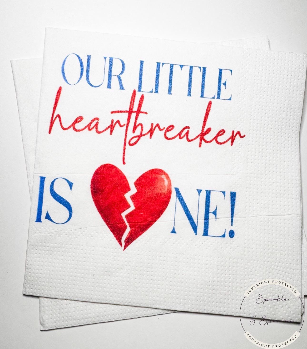 Our Little Heartbreaker is One 1st Birthday Party Heart Valentines First Birthday Cocktail, Luncheon or Dinner Napkins Set of 25