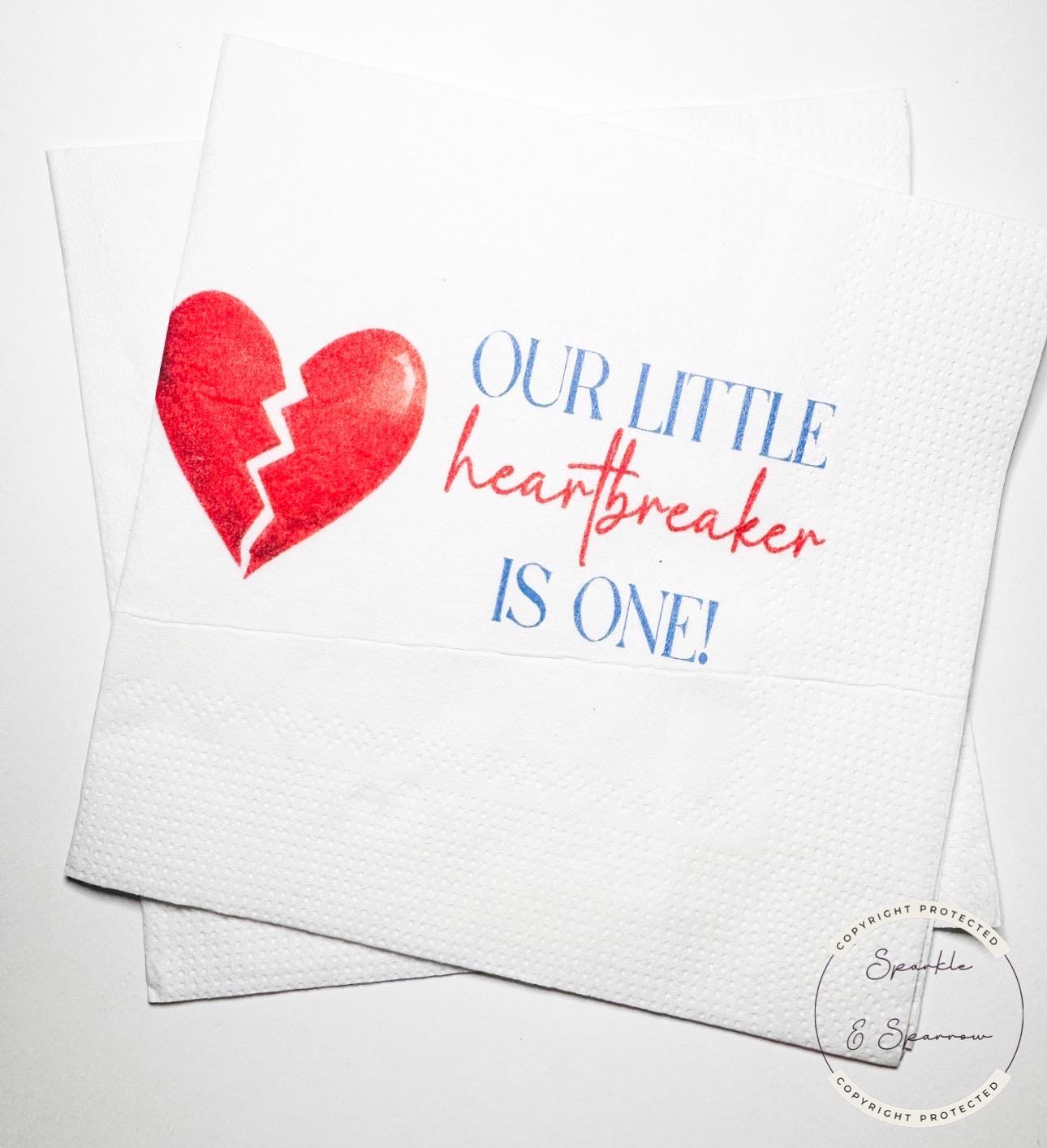 Our Little Heartbreaker is One 1st Birthday Party Heart Valentines First Birthday Cocktail, Luncheon or Dinner Napkins Set of 25