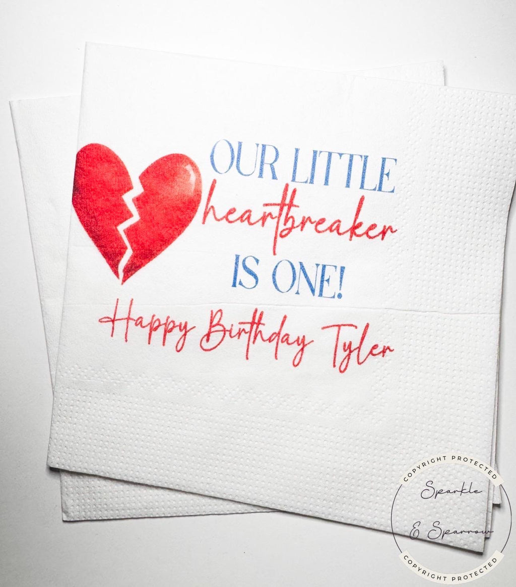 Our Little Heartbreaker is One 1st Birthday Party Valentines First Birthday Personalized Cocktail, Luncheon or Dinner Napkins Set of 25